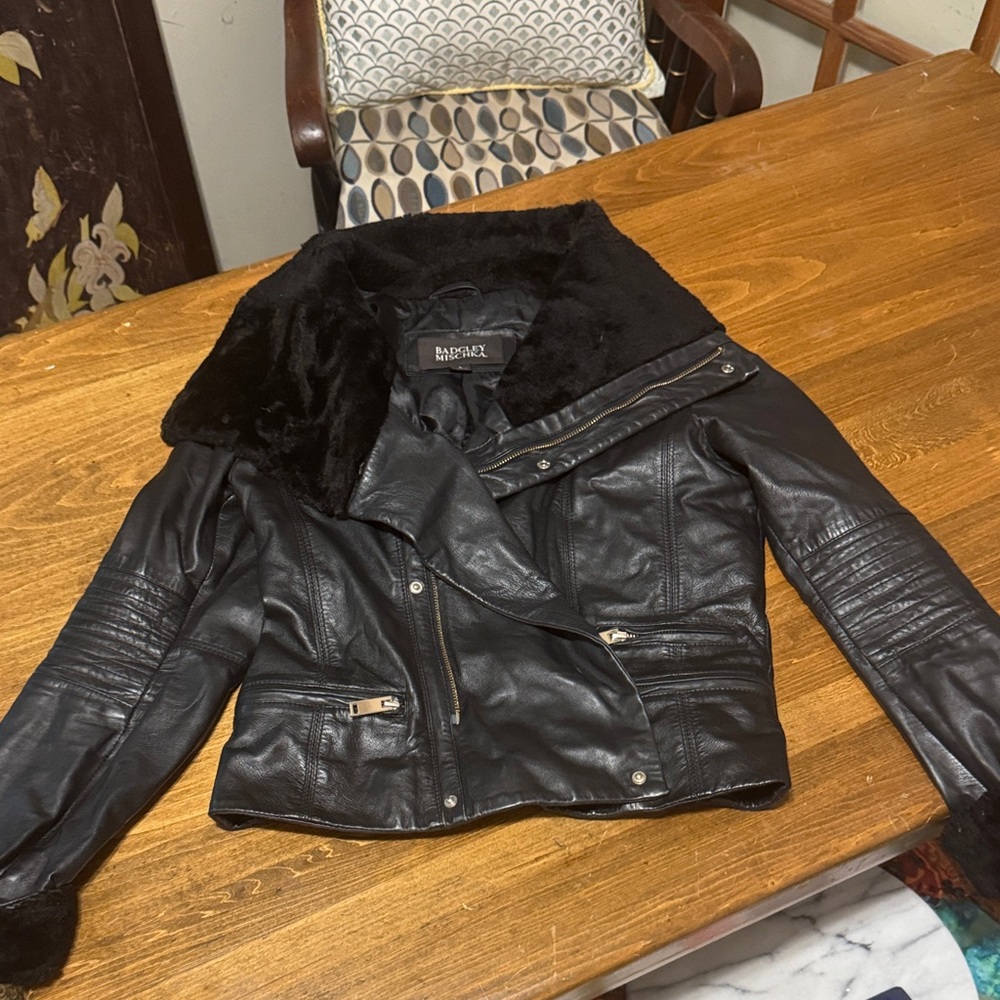 Badgley Mischka Black Leather Jacket with Plush Collar
